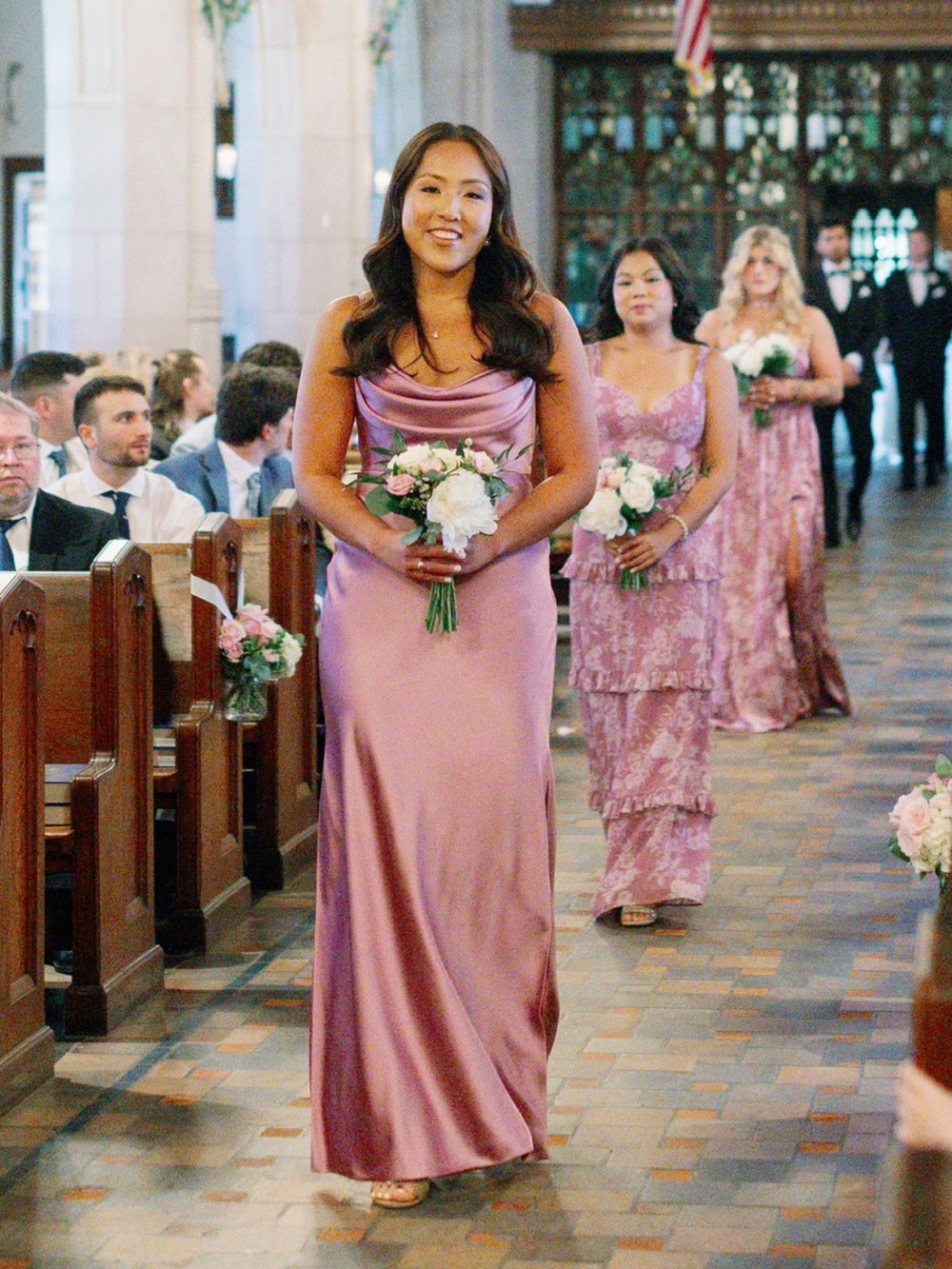 Revelry Skye Satin Cowl Neck Bridesmaid Dress in Mauve Pink